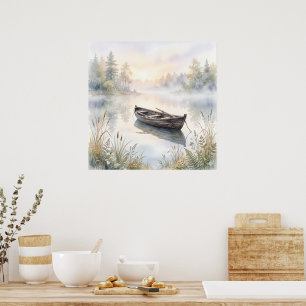 Poster Bateau à rames aquarelle serein sur un lac brumeux