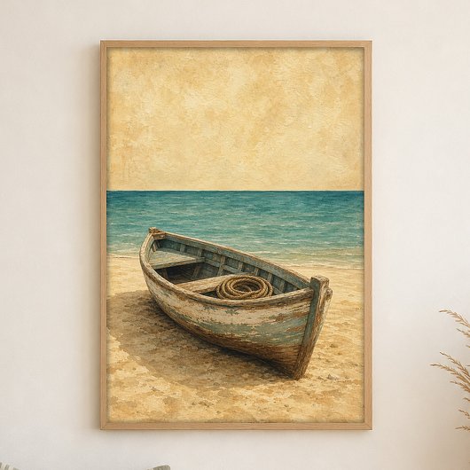 Poster Bateau à rames sur l'affiche d'art côtier à l'aqua