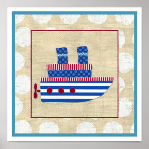 Poster Bateau à vapeur avec hélice et cheminées bleues