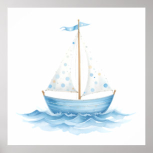 Poster Bateau à voile à l'aquarelle bleue et blanche – Bé