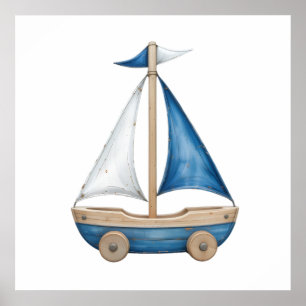 Poster Bateau à voile aquarelle bleu et blanc – Bébé mari
