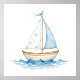 Poster Bateau à voile aquarelle bleu et blanc – Naissance