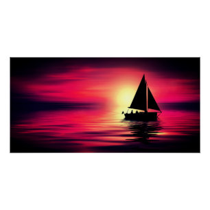 Poster Bateau à voile au coucher du soleil sur la mer - C