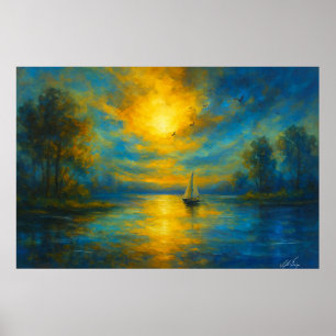 Poster Bateau à voile au coucher du soleil sur un lac tra