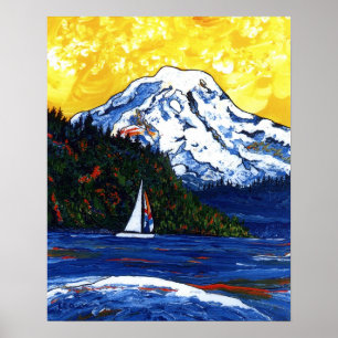 Poster Bateau à voile avec le Mont Rainier