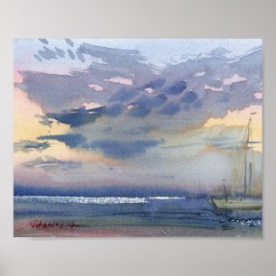 Poster Bateau à voile et ciel du soir lumineux aquarelle