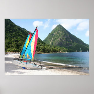 Poster Bateau à voile et équipements nautiques sur la pla