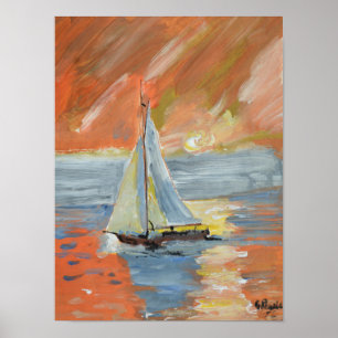 Poster Bateau à voile Impressionniste au coucher de solei