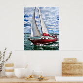 Poster Bateau à voile rouge, Ciel bleu, Mer verte (Cuisine)