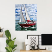 Poster Bateau à voile rouge, Ciel bleu, Mer verte (Bureau à domicile)