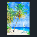 Poster Bateau à voile Tropical Island Beach Palm Tree<br><div class="desc">Poster du bateau à voile Tropical Island Beach Palm Tree orné d'une peinture artistique d'aquarelle représentant un bateau éloigné naviguant au large d'une plage de sable chaude. Nous avons mis "se perdre" dans la ligne de texte, parce que nous aimons un petit humour, mais vous pouvez le changer à tout...</div>