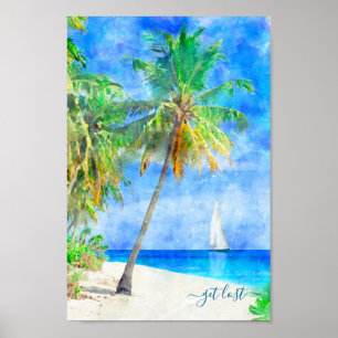 Poster Bateau à voile Tropical Island Beach Palm Tree