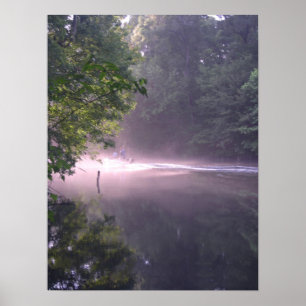 Poster Bateau au coucher du soleil sur la rivière Imprime