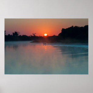 Poster Bateau au lever du soleil sur la rivière