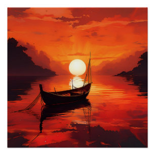 Poster Bateau calme au coucher du soleil - Art de la natu
