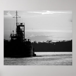 Poster Bateau de crabe noir et blanc au coucher du soleil
