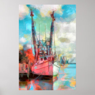 Poster Bateau de pêche de la couleur de l'eau au coucher