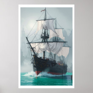 Poster Bateau émergeant du brouillard - Voyage spirituel