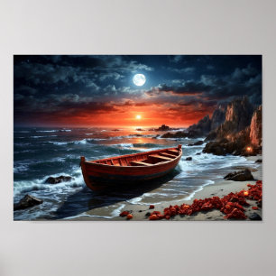 Poster Bateau en bois en bord de mer