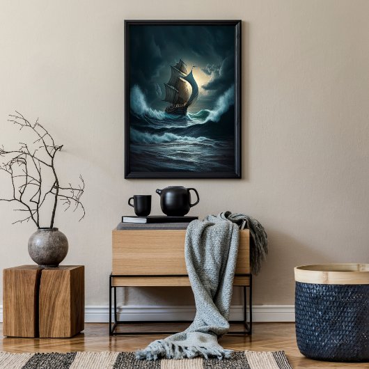 Poster Bateau en bois naviguant en mer rugueuse