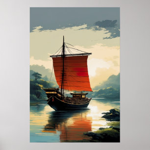 Poster Bateau en bois sur la rivière pacifique