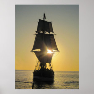 Poster Bateau grand à l'affiche de coucher du soleil