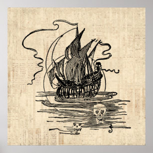Poster Bateau pirate avec crânes Vintage Pirate Art