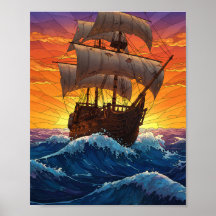 Bateau pirate en verre coloré au coucher du soleil