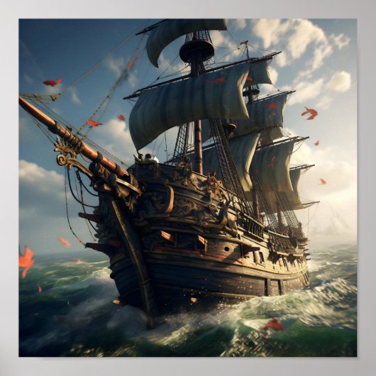 Poster Bateau pirate sous ciel bleu (Devant)