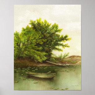 Poster Bateau solitaire sur étang avec nénuphars