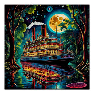 Poster Bateau sous ciel Lune 1