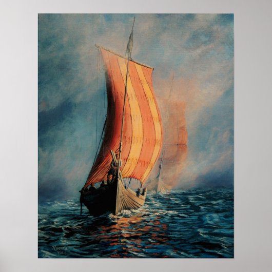 Poster Bateau viking naviguant sur mer/océan dans le brou (Devant)