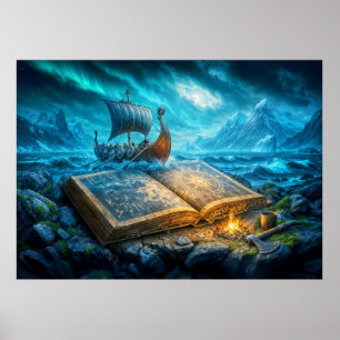 Poster Bateau viking navigue depuis un livre ancien