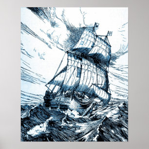 Poster Bateau Voilier Vagues océaniques nautiques