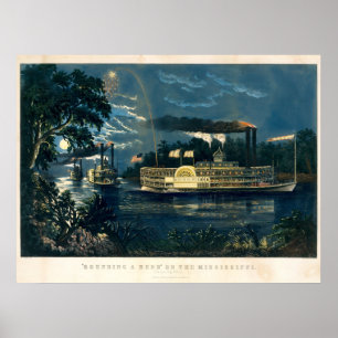 Poster Bateaux à vapeur Currier vintage & Ives au clair d