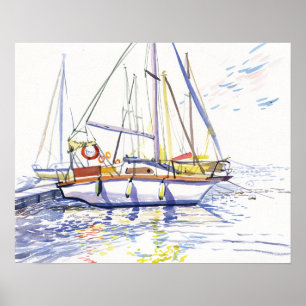 Poster Bateaux à voile amarrés et reflets Aquarelle
