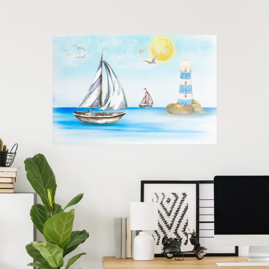 Poster Bateaux à voile dans l'océan bleu (Bureau à domicile)