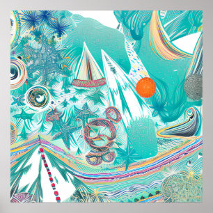 Poster Bateaux à voile et Créatures marines Art Abstrait