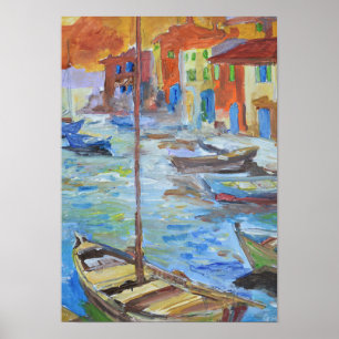 Poster Bateaux de port méditerranéen impressionniste