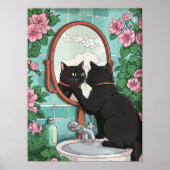 Poster Bathroom Black Cat in Mirror Print, Funny Japanese (Devant)