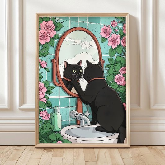 Poster Bathroom Black Cat in Mirror Print, Funny Japanese