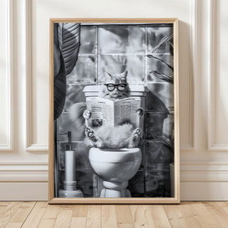 Poster Bathroom Cat Print reading on toilet, Bathroom Wal
