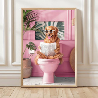 Poster Bathroom Golden Retriever Reading on Toilet Print,
