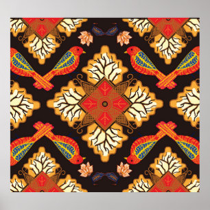 Poster Batik indonésien : motif de la faune de la flore.