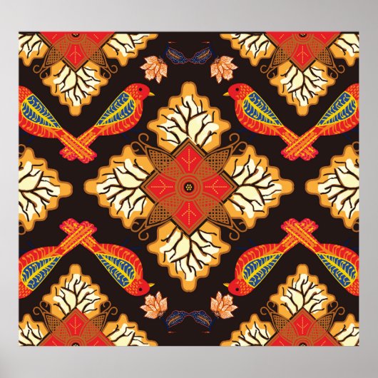 Poster Batik indonésien : motif de la faune de la flore. (Devant)