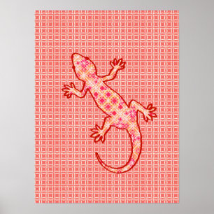 Poster Batik tribal Gecko - corail rose et crème