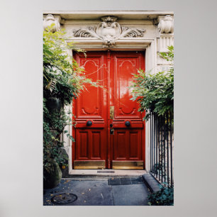 POSTER BÂTIMENT BLANC MONTRANT FERMÉ PORTE EN BOIS ROUGE