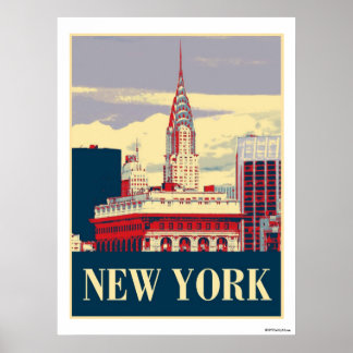 Poster Bâtiment Chrysler en bleu blanc rouge