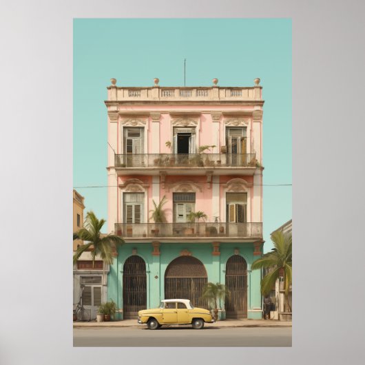 Poster Bâtiment Colonial Voiture Jaune Havane Cuba (Devant)