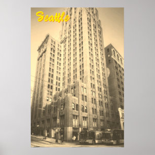 Poster Bâtiment en briques haut et vintage de Seattle